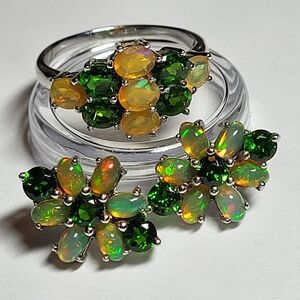 Genuine Russian Chrome Diopside + Ethiopian Opal Earrings And Ring Set In Silver
